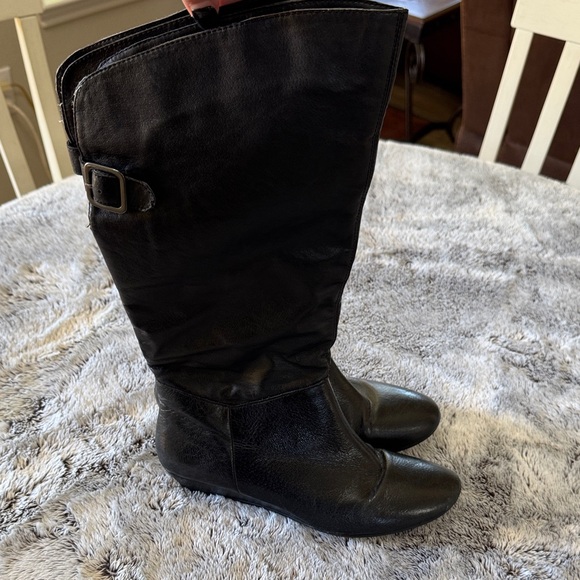 Shoes - Women’s 8 1/2 Black‎ Slouchy Mid-Calf Boot Back Buckle Wedge Heel Leather Upper